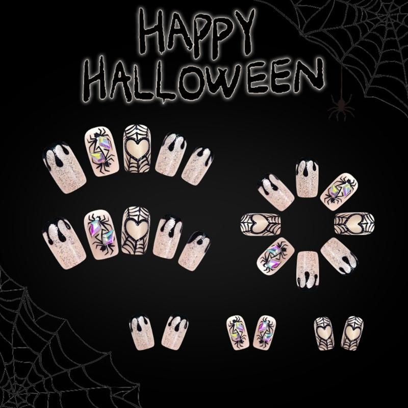 Halloween Glitzer Falsche Nägel Spinnennetz Herz Kunst Designs Aufdrücknagel Set 24 Stück Künstlicher Falscher Nagel