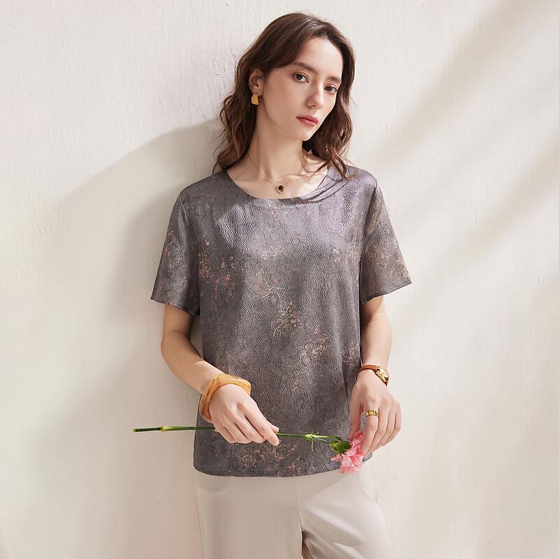Zhaojun Retro Floral Heavyweight Silk Blend Short Sleeve Blouse 2XL серый