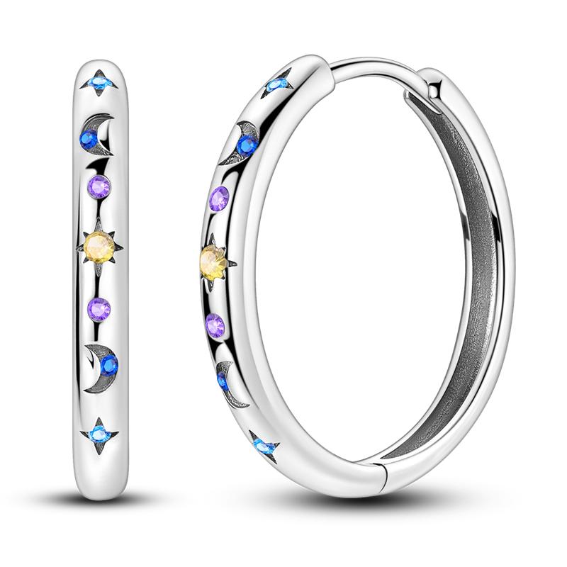 HOT SALE 2025 Sparkling Zircon Star Moon Sun Hoop Earrings 925 Silver Circle Round Earrings for Women Wedding Engagement Jewelry