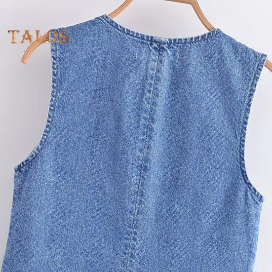 Kvinnor Denim Väst Kjol V-hals Ärmlös Enkelknäppt Kofta Väst Enfärgad Fickor Slim Fit Knapp Dragkedja Stängning Minikjol