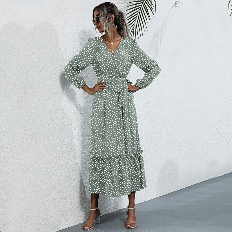 New cross-border autumn long-sleeved dress V-neck polka dot split skirt European and American foreign trade lace-up medium and long skirt