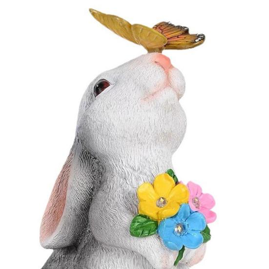 Outdoor Solar Rabbit Statue with LED Light Garden Waterproof Resin Butterfly Bunny Figurine Patio Yard Lawn Easter Decoration Ornament
