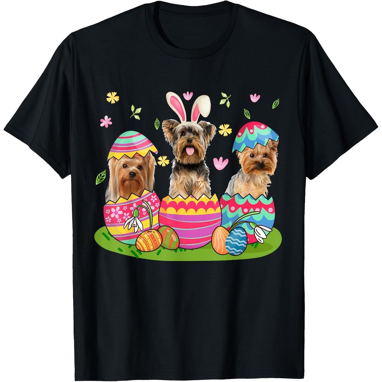 Easter Yorkie Puppies in Eggs Graphic Tee Dog Lover Casual Spring Gift Unisex T-Shirt 4XL