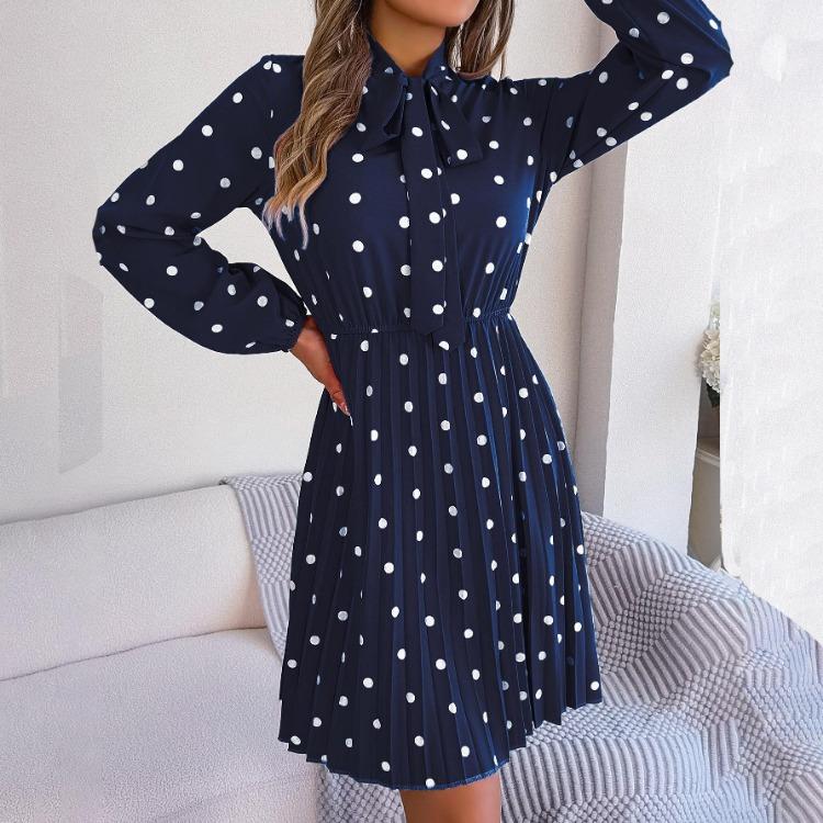 High Waist Women's Long Sleeve Dress Lace Up Pleated Dot Temperament Autumn Winter