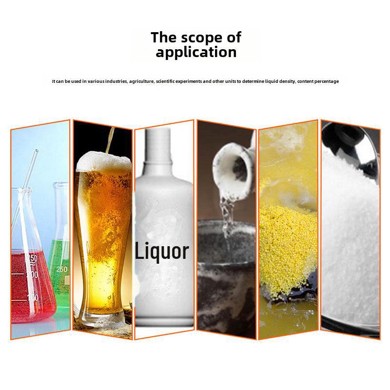 Three-Piece Alcohol Tester Set with 0-100 Scale, Conversion Table, and Thermometer.