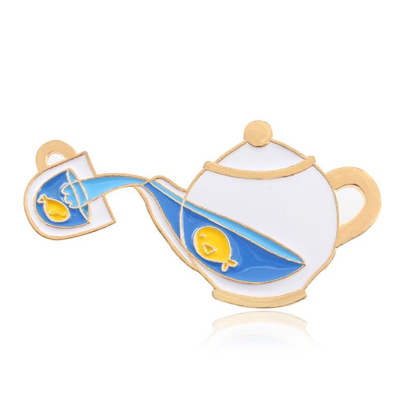 Creative Fish Teapot Enamel Pin: Blue Teacup Design Badge for Jackets