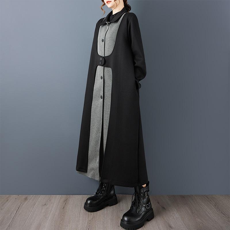 Long Sleeve Oversized Cotton Vintage Black Patchwork Casual Loose Autumn Spring Winter Trench Coat for Women Outerwear