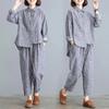 Retro Ladies Fashion Cotton Linen Two Piece Set Female Loose Stripe Tops Trousers Spring Autumn Women Long Sleeves Outfit