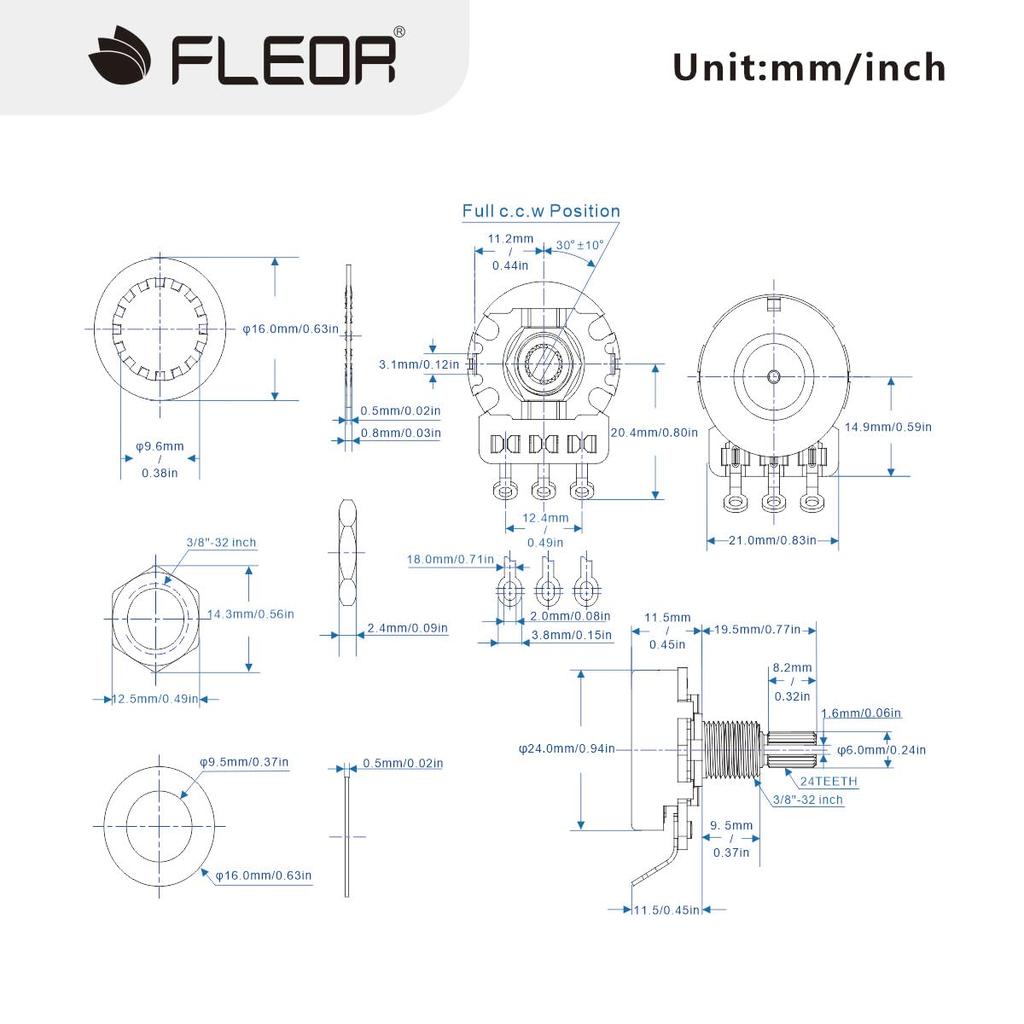 FLEOR Guitar Long Split Shaft Guitar Pack of 4 A500K+B500K Tone/Volume Pots, 24-Spline Potentiometers,