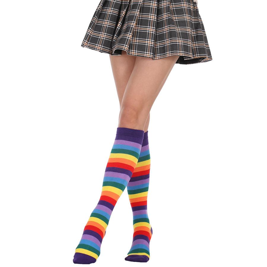 Chaussettes longues en coton à rayures arc-en-ciel pour femmes, chaussettes colorées à la mode, bas hauts de cuisse, skateboard pour filles hip hop, au-dessus du genou