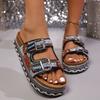 Women's Wide Width Platform Slides, Double Buckle Rhinestone Sandals, Beaded Beach Slippers Wholesale for Women
