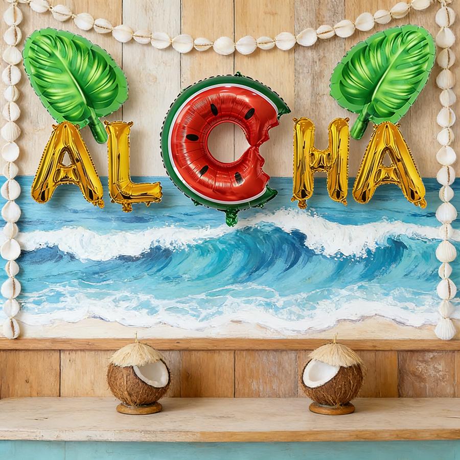 Hawaii-Party-Ballonset in Farben von Palmenblatt, Ananas und Buchstaben. Für Sommerversammlungen, Geburtstagszimmerdekoration