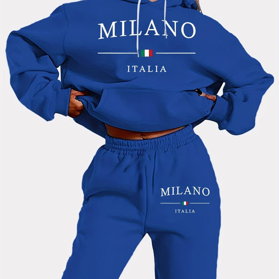New Daily Comfortable Autumn Casual Women S Clothing Print Hooded Sweatshirt And Slant Pocket Pants Two-Piece Set S
