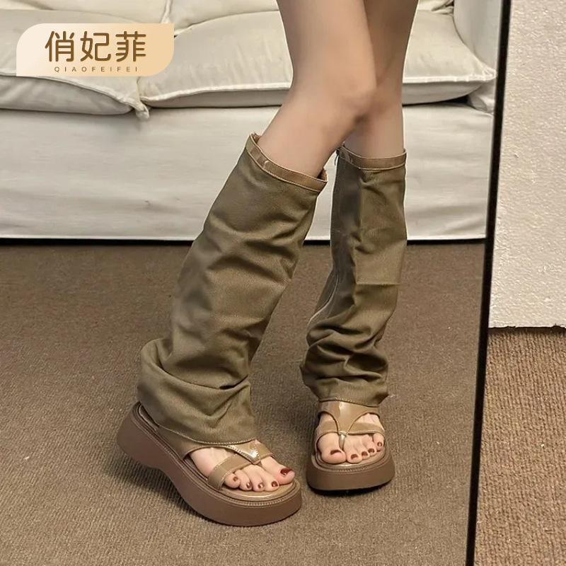 

Pants tube cool boots summer new feeling sandals flat bottom women s thick sole heightening niche slippers 35 чорний