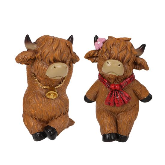 2Pcs Cartoon Highland Cow Figurine Couple Highland Cattle Statue Resin Sculpture Outdoor Garden Flower Pot Hugger Ornament Decoration