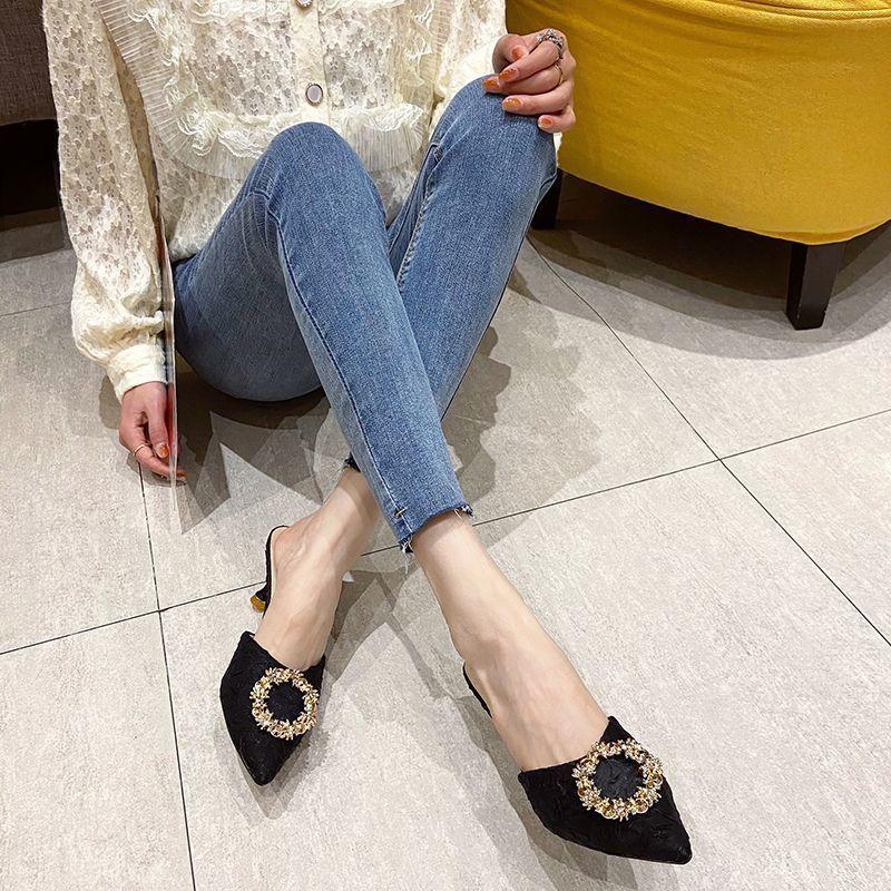 New Chinese temperament lazy fashion pointed rhinestones 2025 summer and autumn new high-heeled slippers thin-heeled bag head slippers