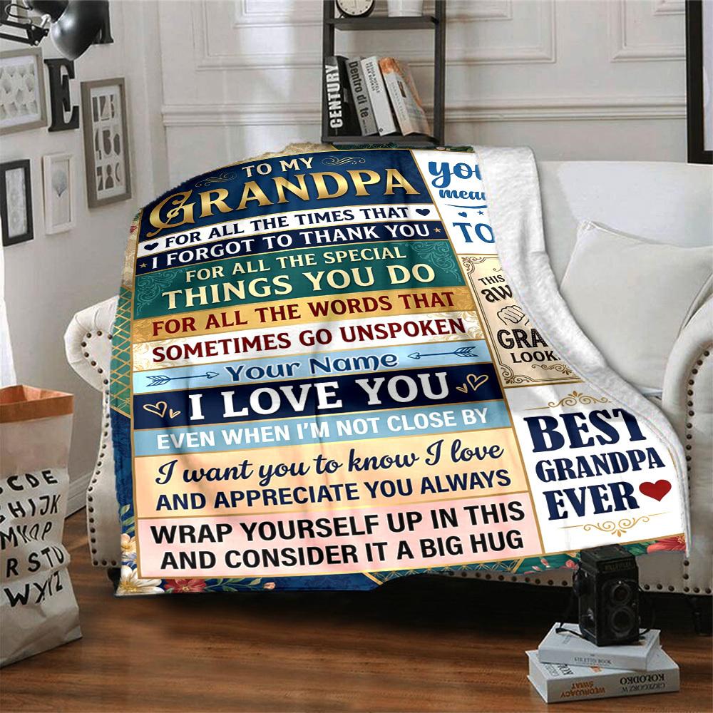 Grandpa Appreciation Greeting Card Customized Name Birthday Plush Blanket Suitable For Both Men And Women Digital Printing Fantasy Theme All Seasons