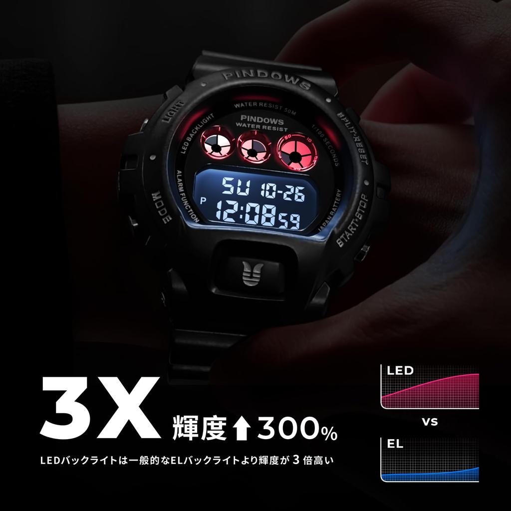 PINDOWS Digital Sports Watch with and 50M Water LED and Tactical Watch Men's Stopwatch, Alarm, Timer, Resistance, Backlight, Multi-Function Men's