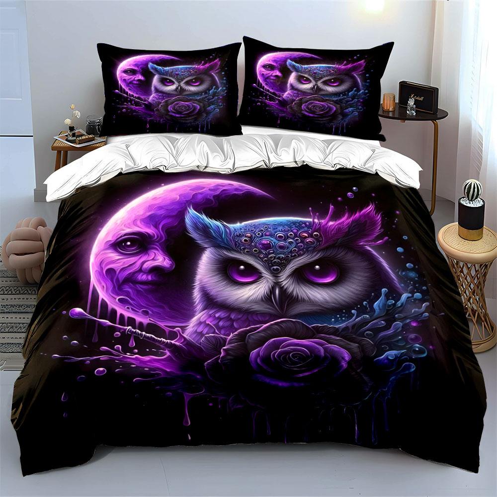 Mystical Owl and Moon Art Bedding Duvet Cover Set (1*Duvet Cover 2*Pillowcases, Without Duvet Insert)