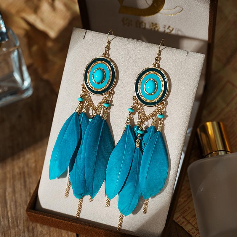 Bohemian Tassel Chain Feather Earrings for Women Unique Long Oval Drop Glaze Handmade Dangle Earring Pendiente Mujer Accessories