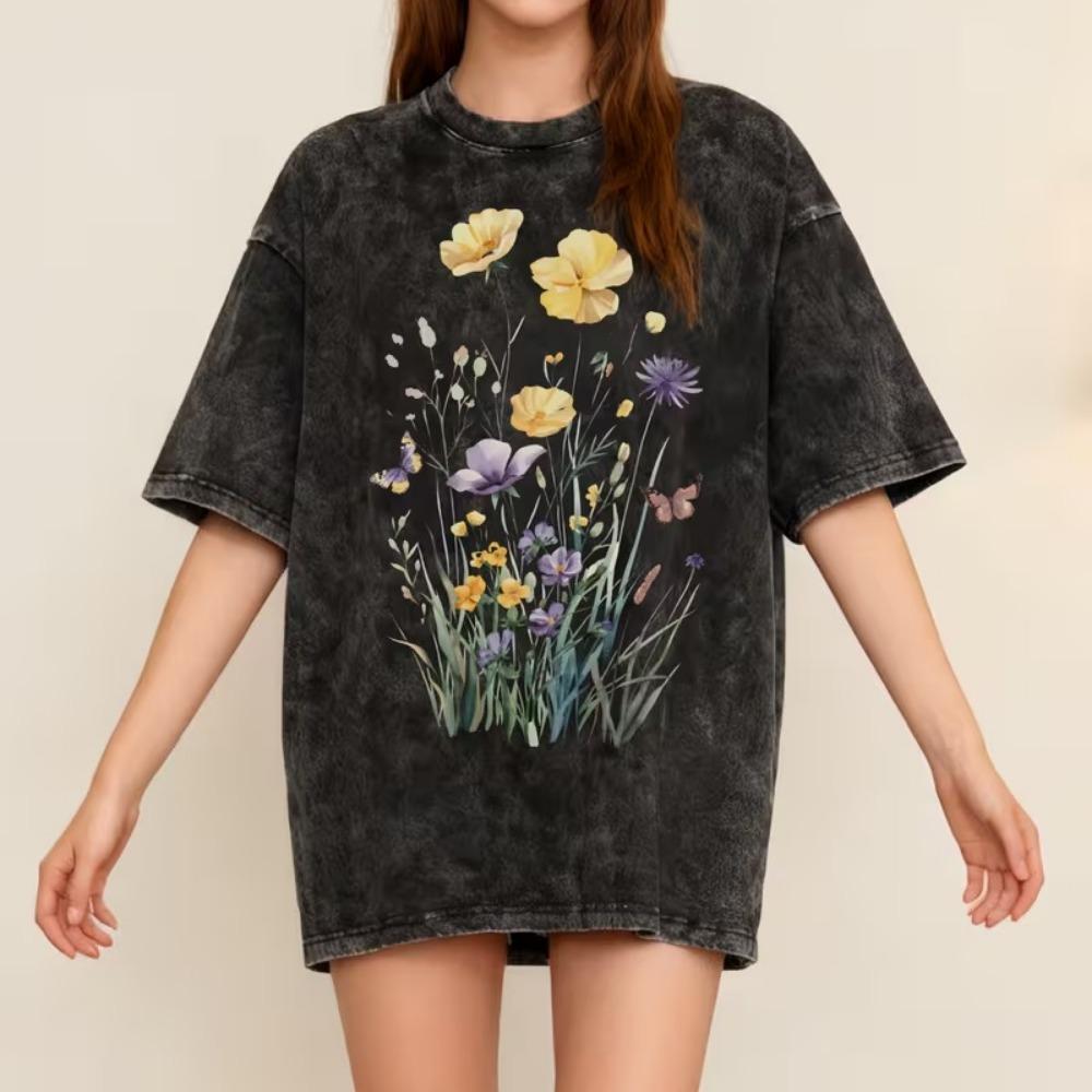 Watercolor Wildflower Butterfly Vintage Washed T-Shirt Oversized Y2K Crew Neck Short Sleeve Cottagecore Floral Print Tee S