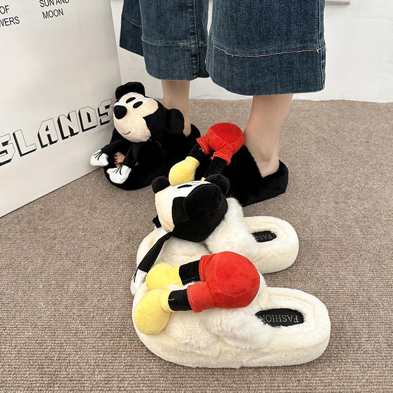 Cartoon Mickey Splicing Suede Fluffy Slippers Women's Autumn and Winter Fashion Retro Cute Outer Wear Thick Bottom Baotou Slippers