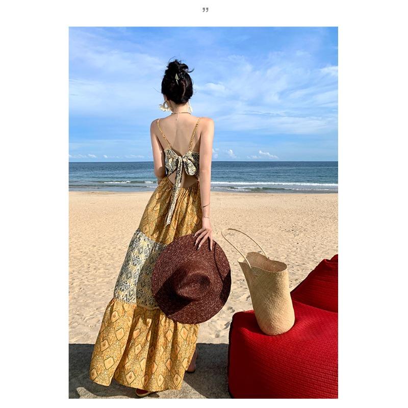 Women's Summer Holiday Loose Halter Printed Layered Patchwork Dresses