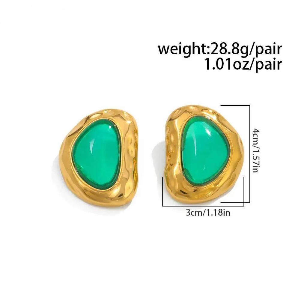 SHIXIN Retro Green Color Folded Stainless Steel Stud Earrings Women Classic 18K Gold Plated Earring Party Accessories Jewelry