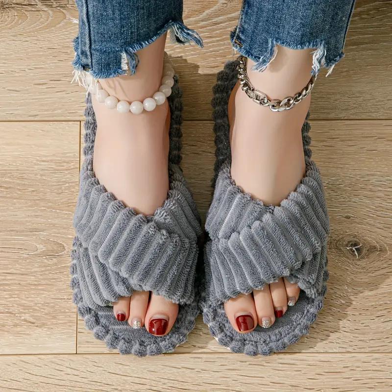 Open Toe Plush Slippers Female, Indoor Thick Soled Warm Plush Shoes, Cotton Slippers Female