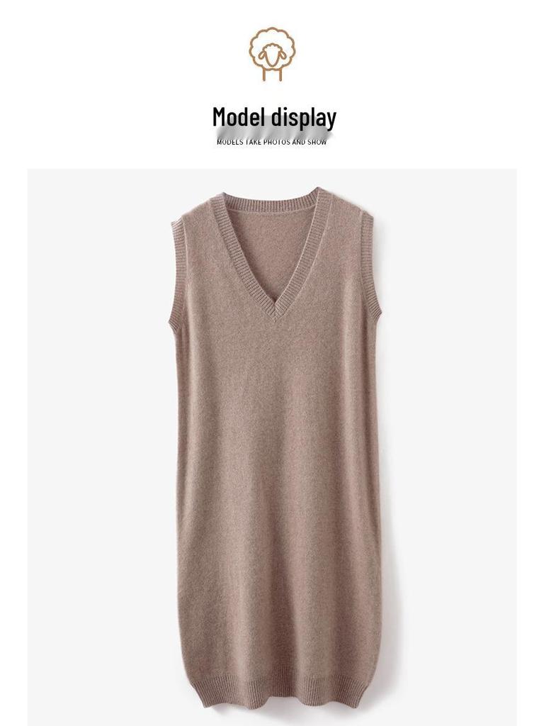 Women's 100% Wool V-Neck Sleeveless Knitted Vest Dress - Long Cardigan Style