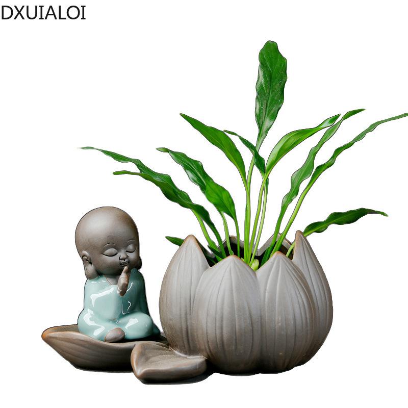 DXUIALOI Neu Chinesisch Kreativ Hydrokultur Pflanzen Chrysantheme Kupfer Geld Blumentopf Vase Zen Keramik Handwerk Heimdekoration
