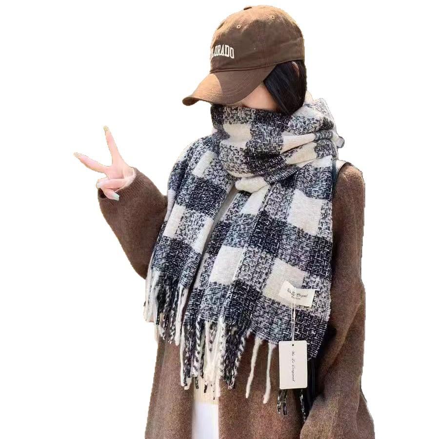 New Maillard Imitation Cashmere Plaid Shawl for Women Autumn and Winter Scarf Korean Style Atmosphere Thickened Warm Scarf