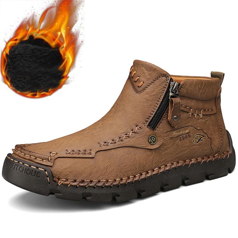 

38-48 Мужские ботинки Высокие кожаные ботинки Плюшевые уличные хлопковые ботинки Большой размер Осень/зима Плюс бархатные теплые Ботильоны ручной работы 48 светло-коричневого