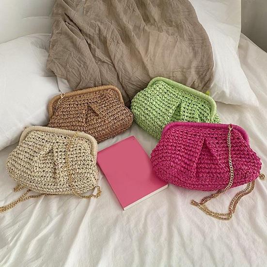 Women Shoulder Bag Slim Metal Chain Straw Braided Solid Color Large Capacity Handbag Shell Shape