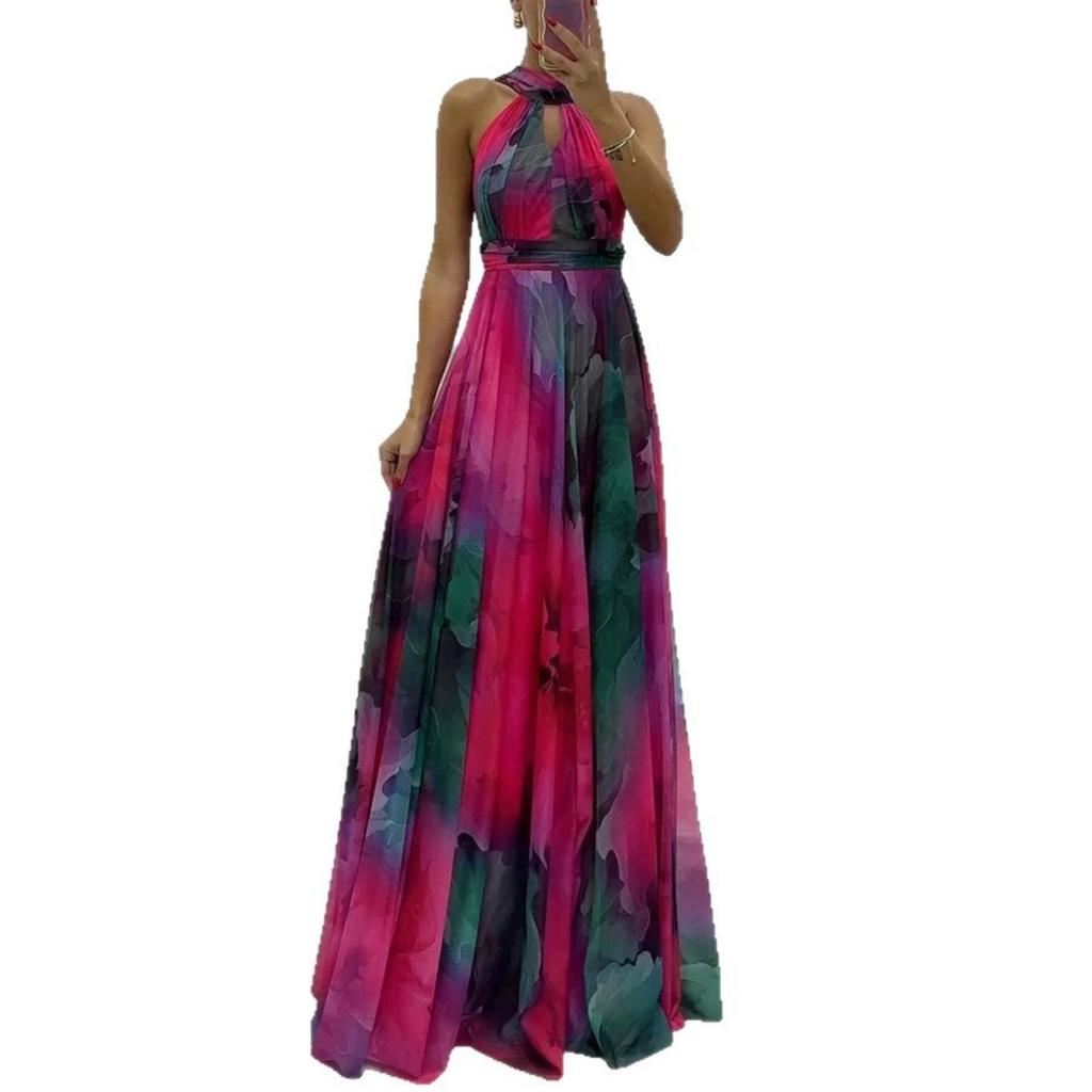 Women Halter Neck Sleeveless Printed Tie Waist Flowy Hem Dress, Casual Fashion Summer Dress for European American Women