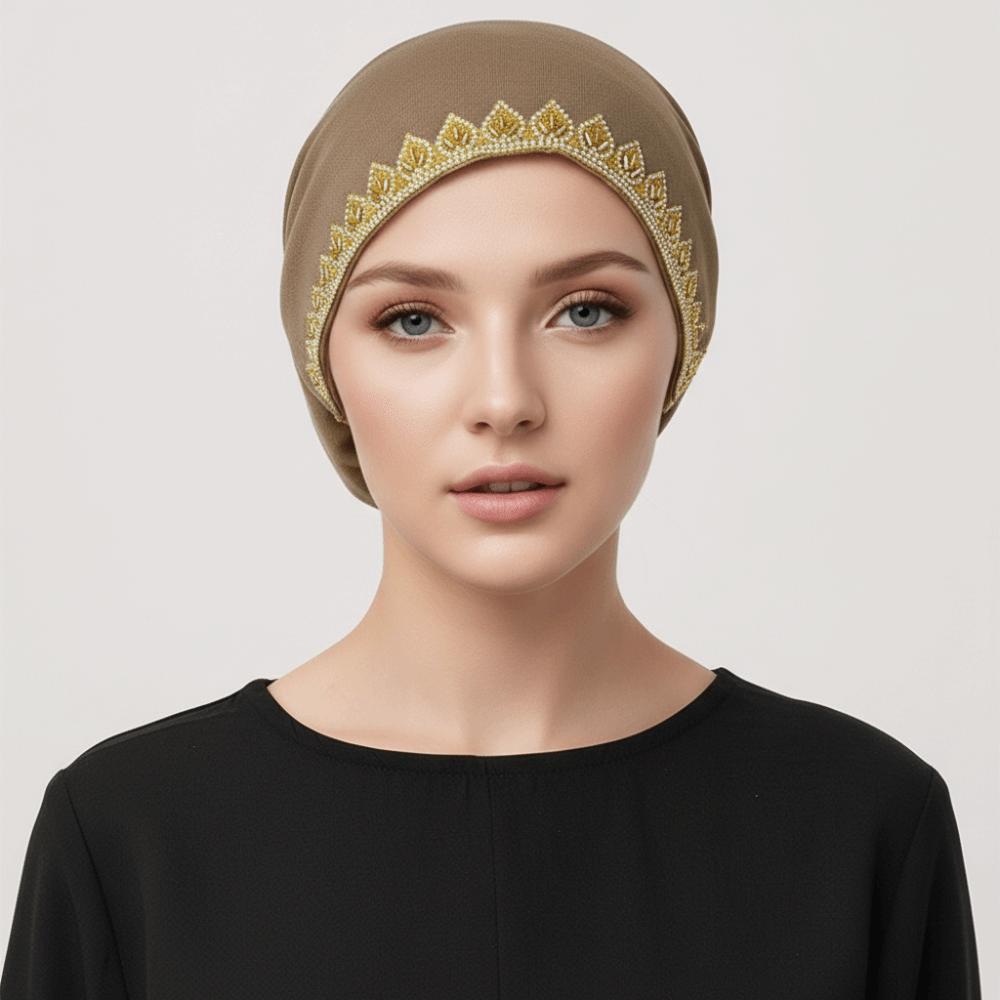 Shiny Golden Rhinestone Prayer Cap Elasticity Tie Back Undercap Turban  Religious Headwear