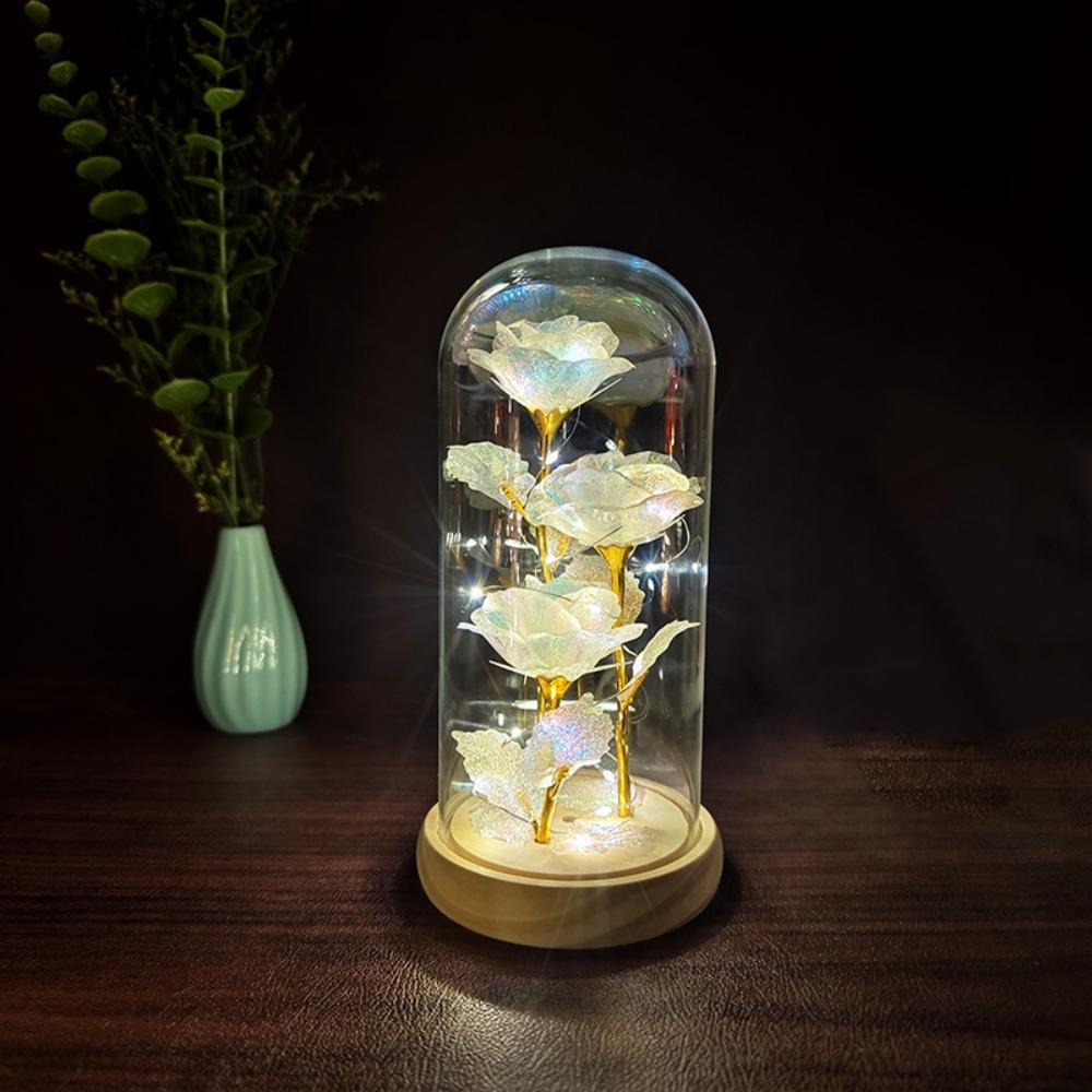 Romantic Artificial Rose Light with Acrylic Cover 3 Heads Rose Light Up Rose Simulation Luminous Eternal Rose Lamp Mothers Day