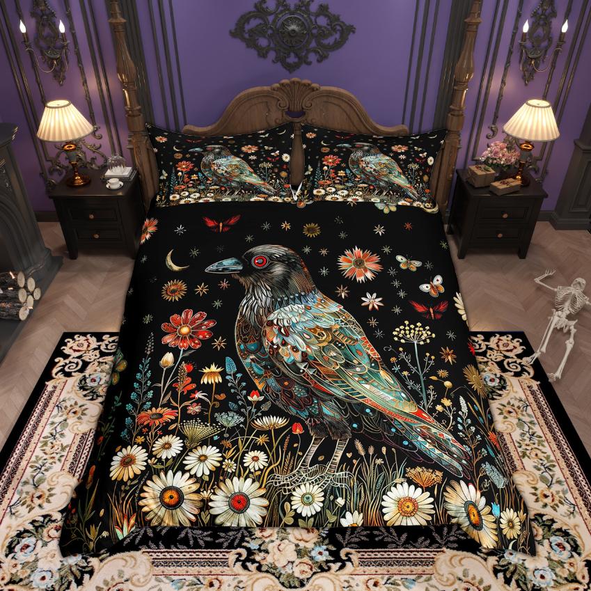 Homewish Halloween Crow Duvet Cover Set Botanical Plant Bedding Set Hippie Floral Flower Bed Set