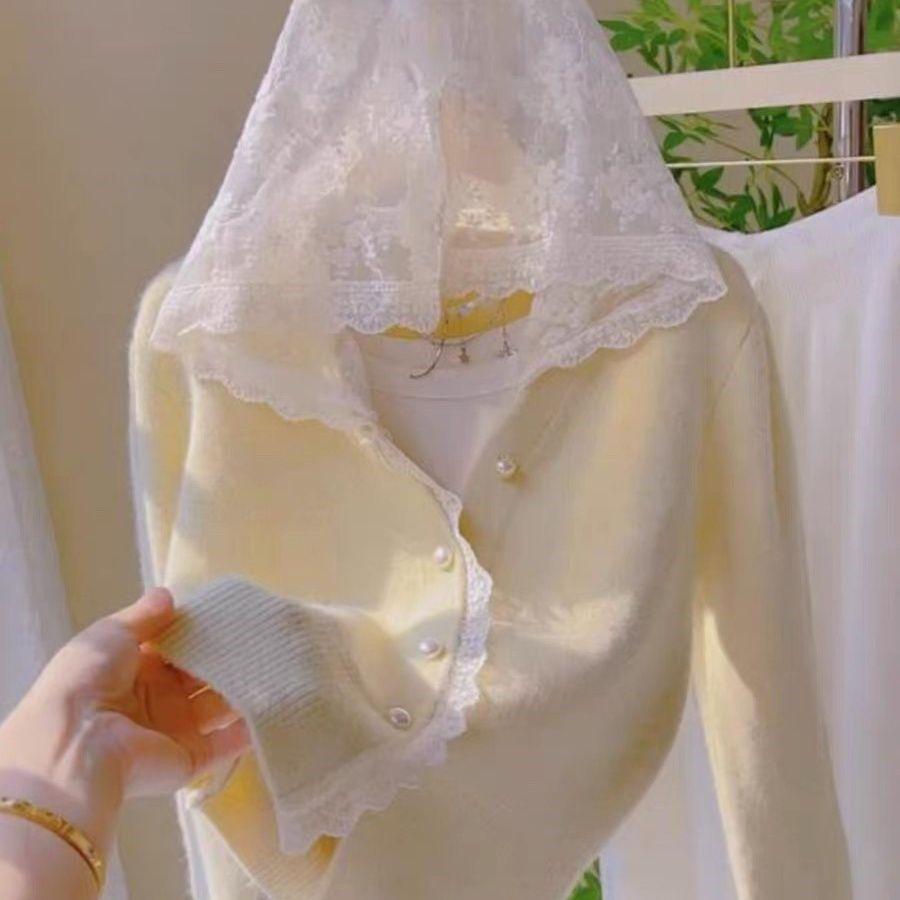 Hooded Lace Patchwork Knitted Cardigan - Long Sleeve Autumn/Winter Versatile Sweater