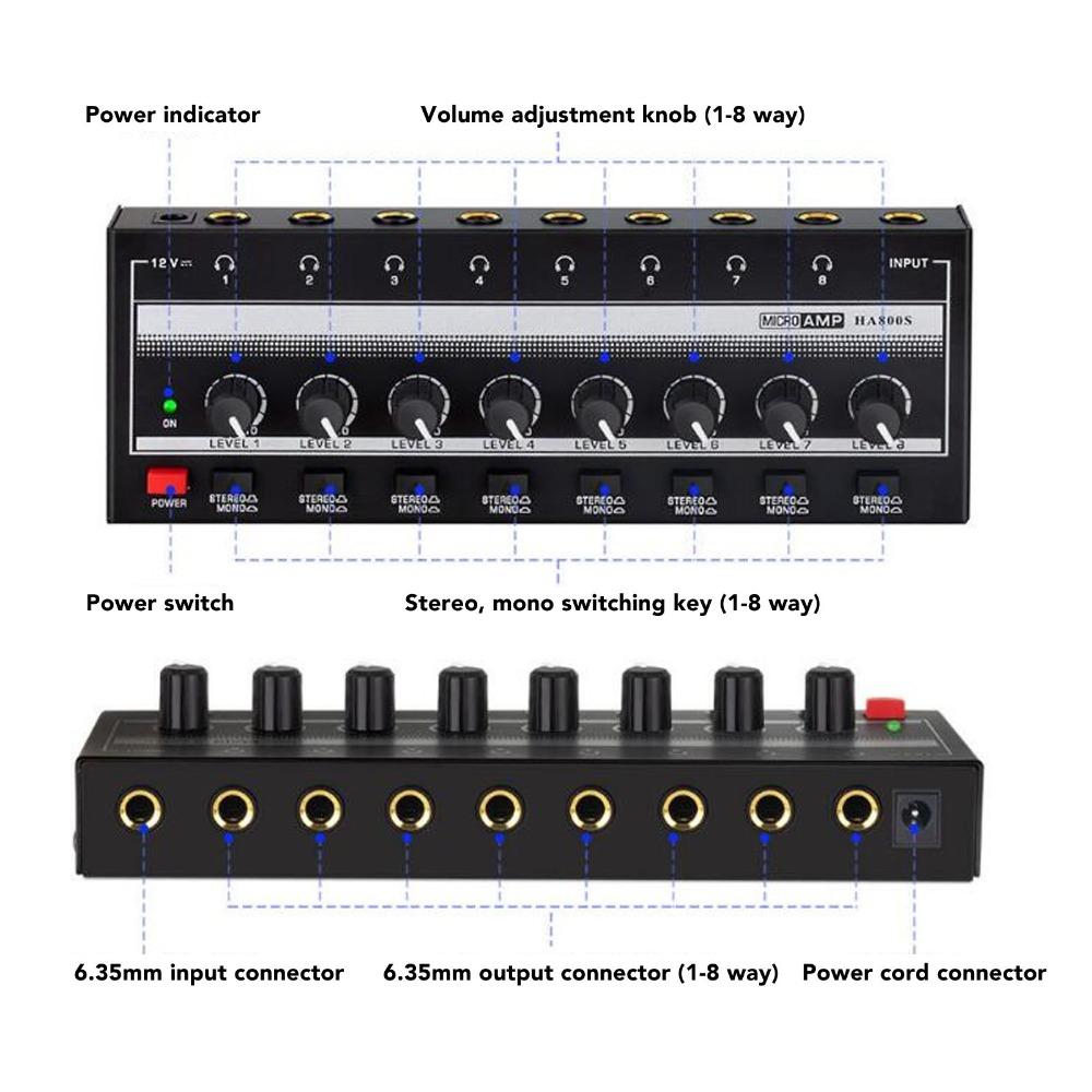 1/4" TRS Input/Output Stereo Headphone Amplifier 8-Channel Channel Line Mixer Studio Recording