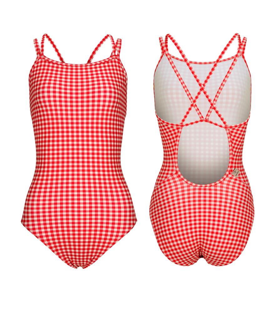 Jeteseu Women'S Double Strap Crossbody One-Piece Swimsuit Pure Check Red L9A6004