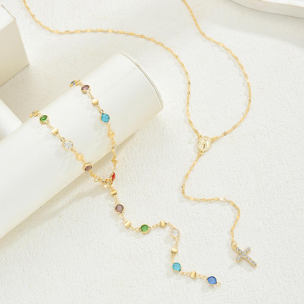 2 Pcs/Set Y-Shape Tassel Chain Multi-layered Necklace for Women Vintage Colorful Crystal Cross Necklaces Daily Wear Jewelry Gift