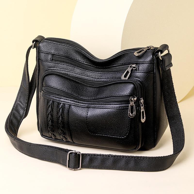 Mom Bag Women's New Trendy Fashion Soft Leather Medium Women's Bag Large Capacity Washed Leather Multi-layer Shoulder Messenger Bag