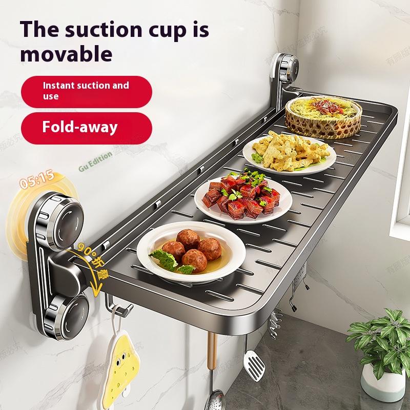 Multifunctional Foldable Suction Kitchen Storage Rack Wall Mount Dish Drying Storage Holder, No Drill Organizer for Plates