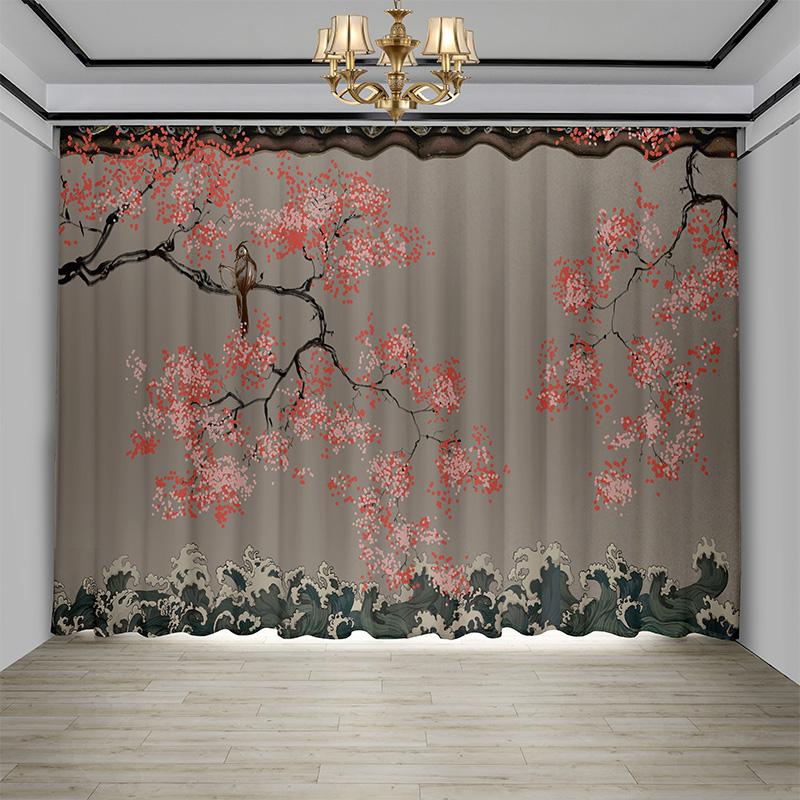 Nova cortina chinesa flor pássaro sala de estar flor borboleta paisagem tinta pintura janela tela cortina cortina chinesa 2 peças