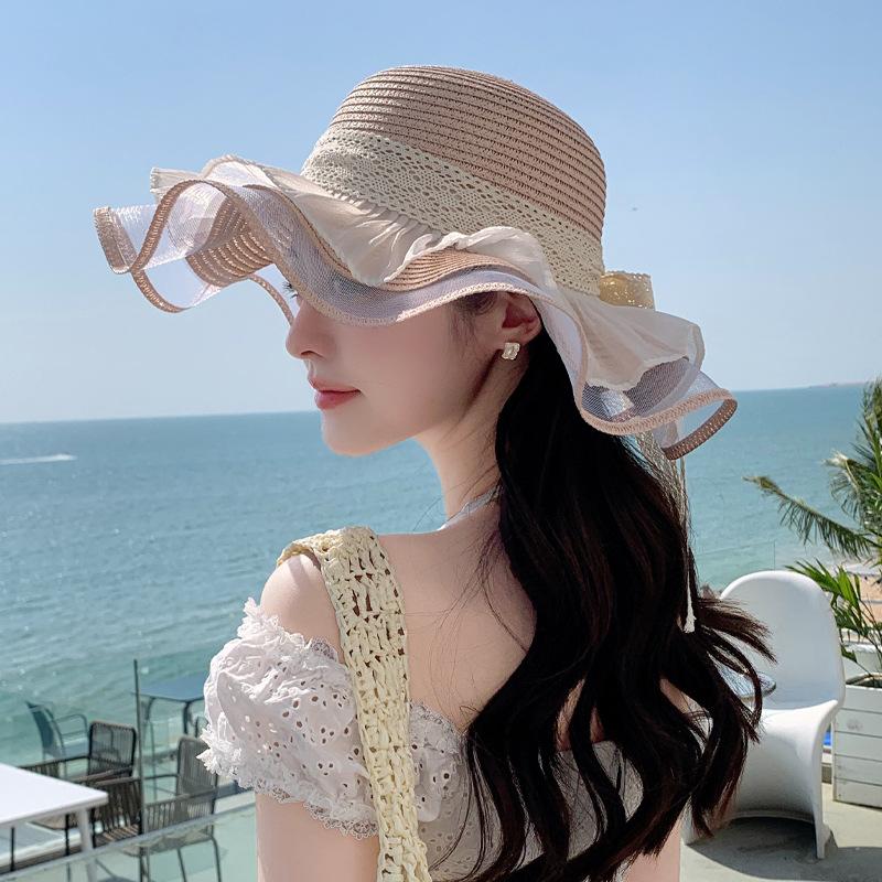 

Шляпа женская летняя маленькая прозрачная соломенная шляпа бант лента пляжная шляпа летний отпуск шляпа от солнца One Size
