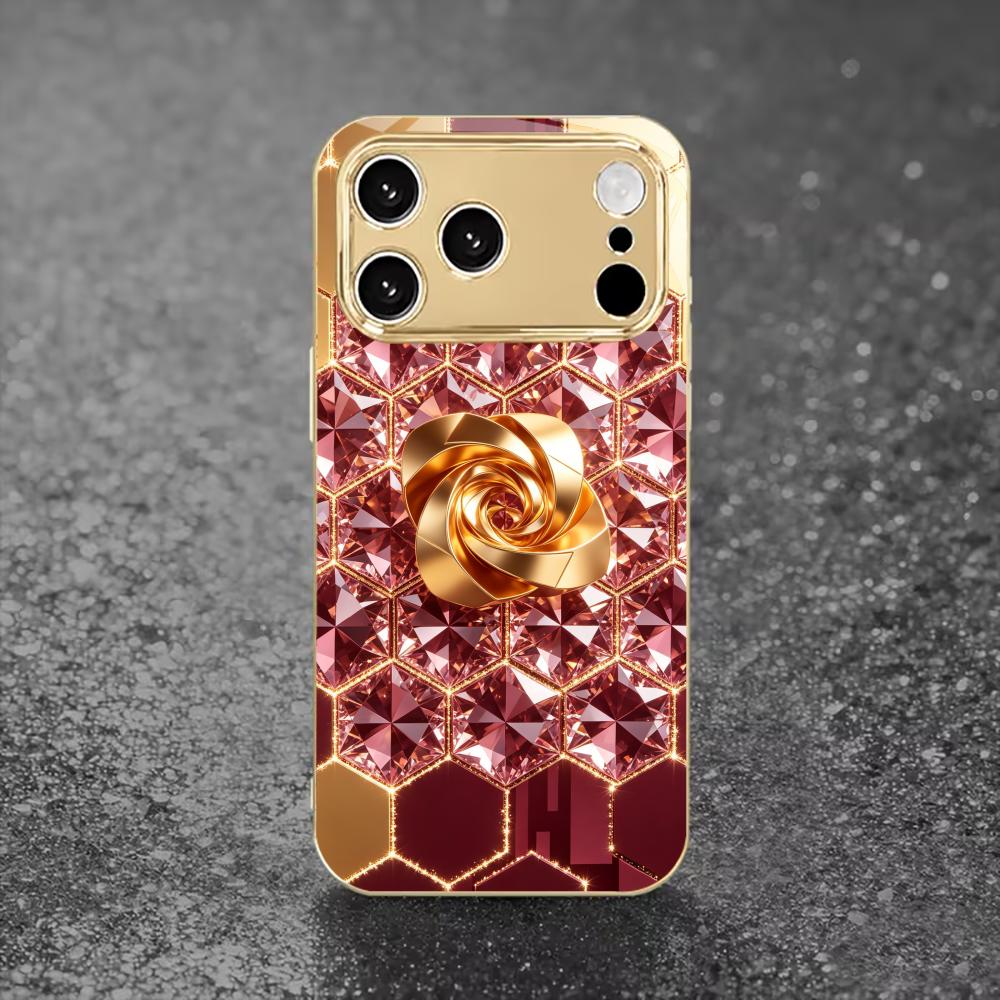 Pink diamond golden rose phone case for funda iphone for iphone 17 pro max cover glass for iPhone 17 16 15 14 13 12pm Pro Plus