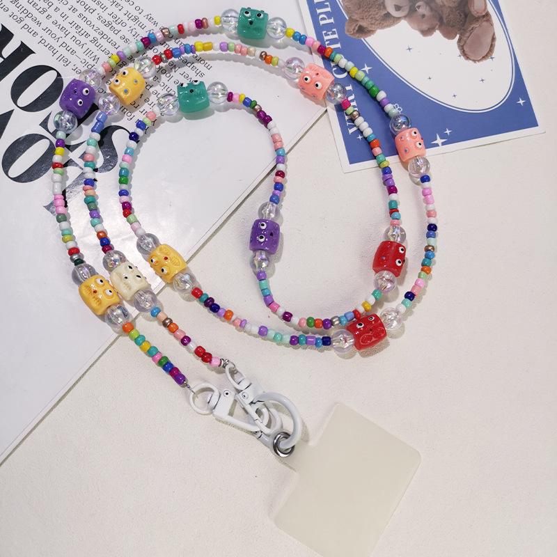 Mobile Phone Lanyard, Long Style, Crossbody, Handmade Bead Chain, Colorful, Bead Decorat, Little Monster, Funny, Diagonal Cross Chain, Women's Style