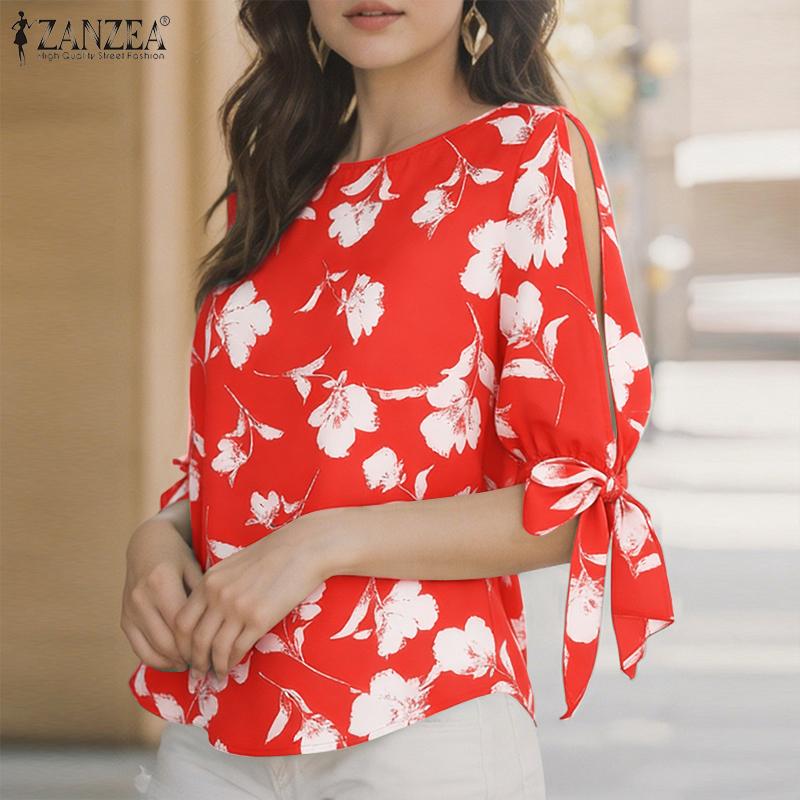 ZANZEA Women Casual Round Neck Lace-Up Half Sleeve Print Blouse