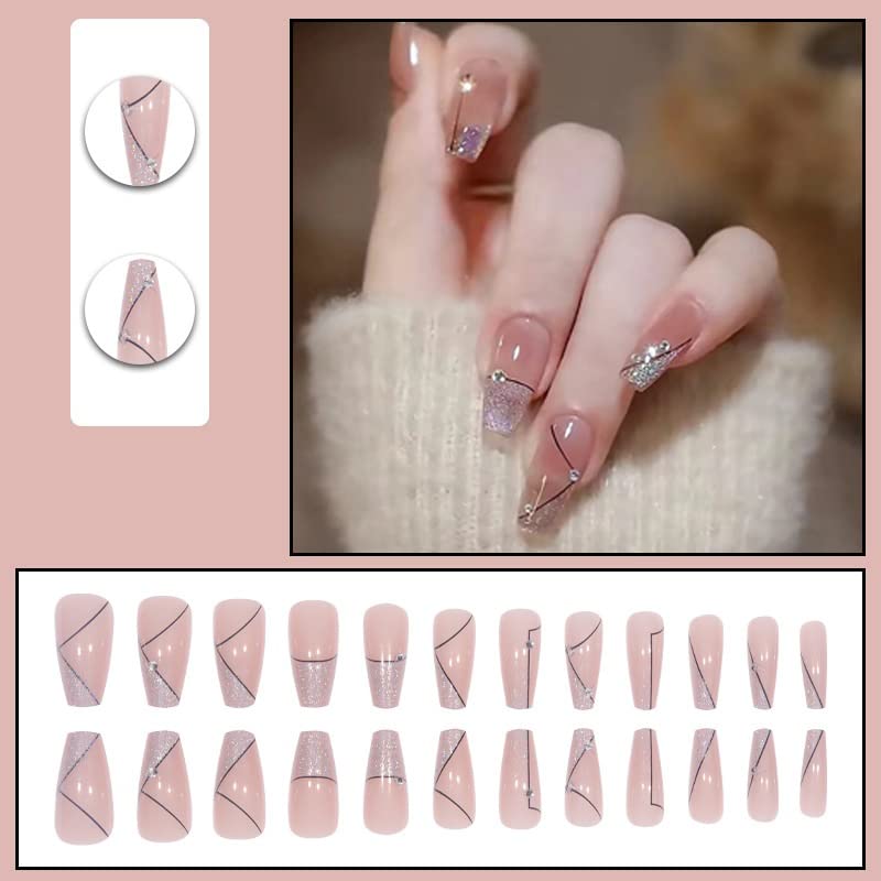 Secret Lives Press on Nails Reusable Artifical Designer Fake Nail Translucent Grafti Lines with Studs & Glitter 24 Pieces Set with Kit